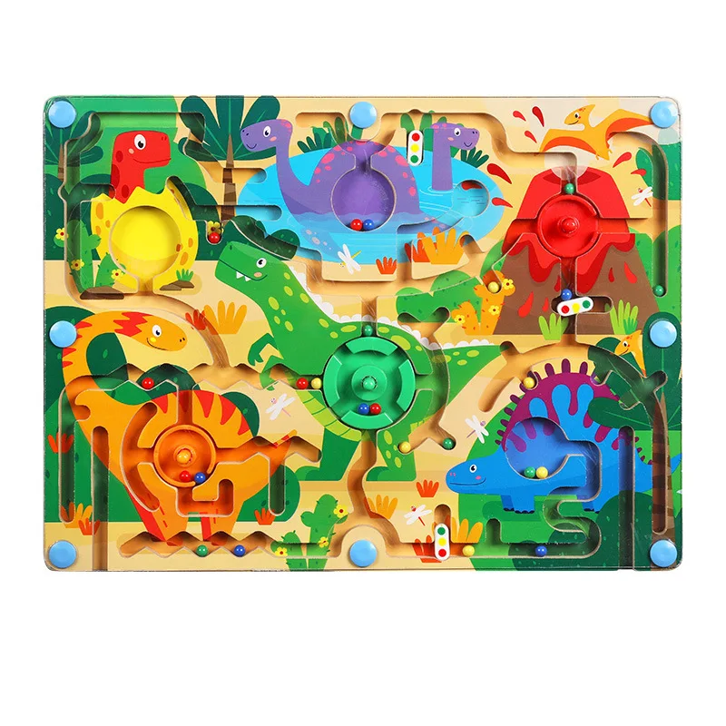 2023 new children brain training games wooden magnetic pen walking bead animal dinosaur traffic agency maze toys