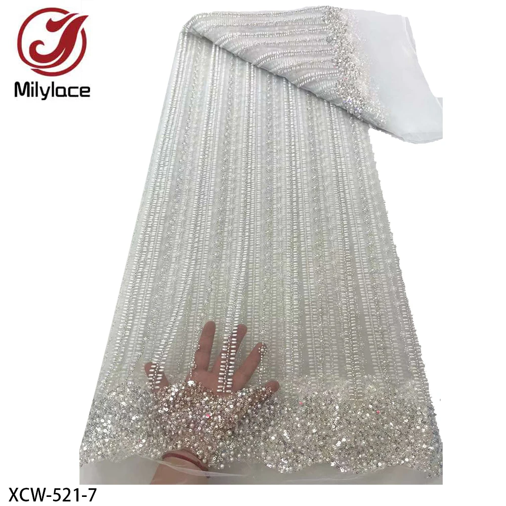 Hot Design Fabric Wholesale Beaded Sequined Lace Fabric Rhinestones Embroidery African Beaded Lace Fabric