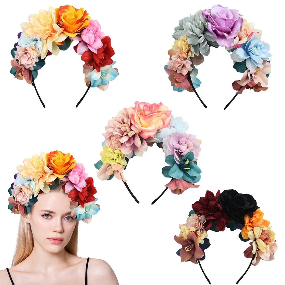 Women Artificial Hair Accessories Simulation Flower Hair Ring Adjustable Fabric Wedding Wreath Crown Rose Headband For Bride