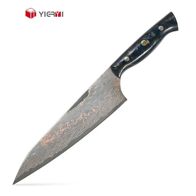 COPPER DAMASCUS GYUTO Carbonized Wood Resin Handle Professional Handmade  8 inch High Carbon Steel Japanese Kitchen Knife