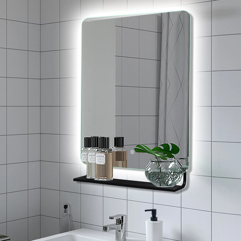 Modern Custom Square Sensor Light Up Vanity Switch Smart Hotel With Shelf Anti Fog Led Bathroom Mirrors