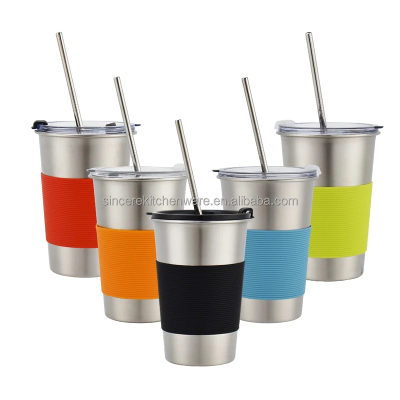 16oz Single Wall Stainless Steel Cups Spill-proof Metal Beer Cup Glass with Lids and Straw for Hot Cold Drinks