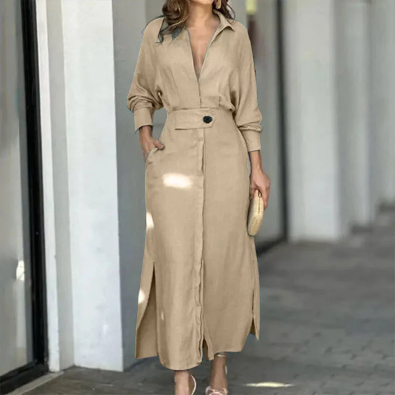 Spring And Autumn New Women Casual Dress Femininity  Lace-up Solid Color Long Sleeve V-neck Irregular Women Split Dresses