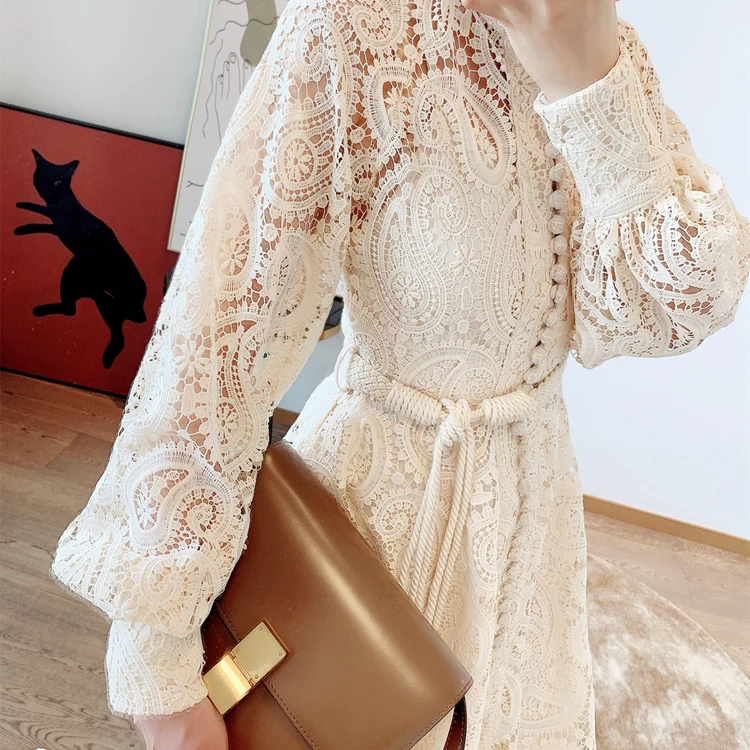 
Paisley Flower Hollow Out Embroidery Lace Female Stand Collar Bag Buckle Lantern Sleeve Long Skirt Dress 