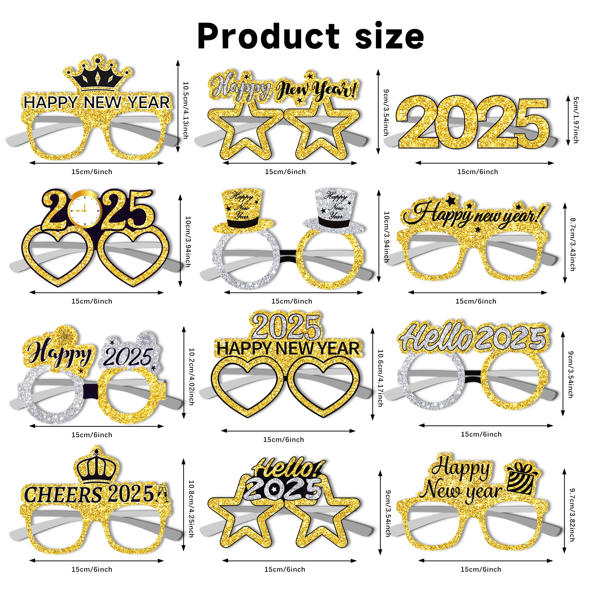 Huancai Hello 2025 New Year Party Eyeglasses Gold Silver Paper Glasses 12 PCS Sunglasses for Happy New Year Eve Party Supplies