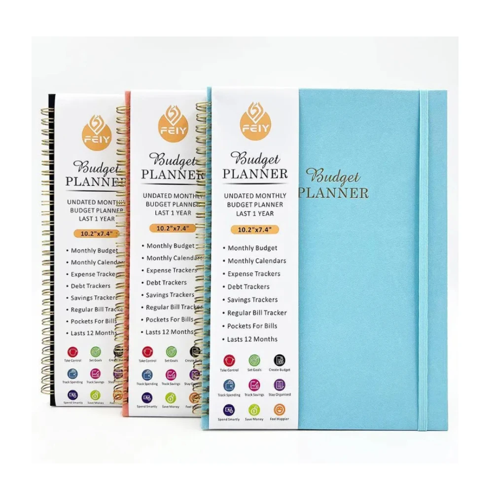 Customize 2025 Waterproof Hardcover Spiral Gold Bound Day Designer Money Budget Planner Journals With Stickers & Envelopes
