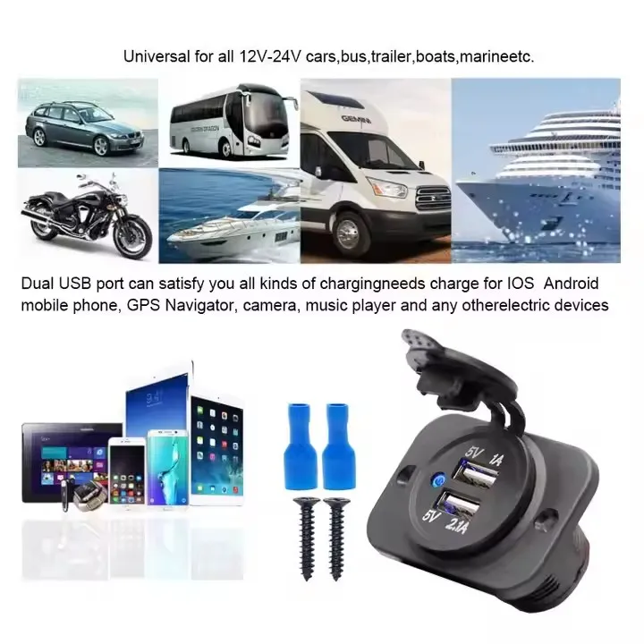 Electric Motorcycle Car 12V 24V Dual USB 5V 3.1A LED Waterproof Power Socket Charger for Marine RV Mobile Car Boat