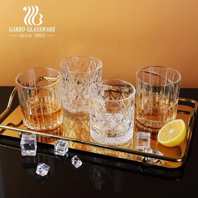 STOCK 11oz whiskey glass cup elegant nice engraved glass drinking cups for whisky old fashioned embossed design whisky glasses