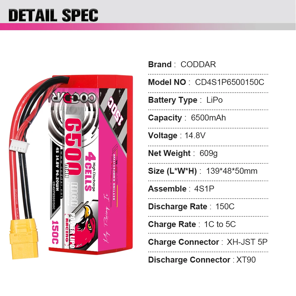 CODDAR 4S 6500MAH 14 8 V 150C XT90 проводной жесткий корпус RC LiPo Battery 1/10 1/8 Scale Car Boat Truggy