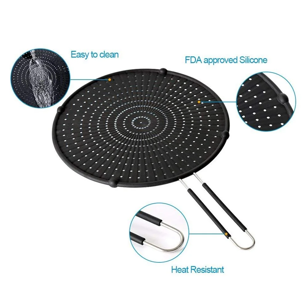 Heat Resistant Silicone Stainer with Handle Guard Against Boiling or Frying Pan Silicone Splatter Screen