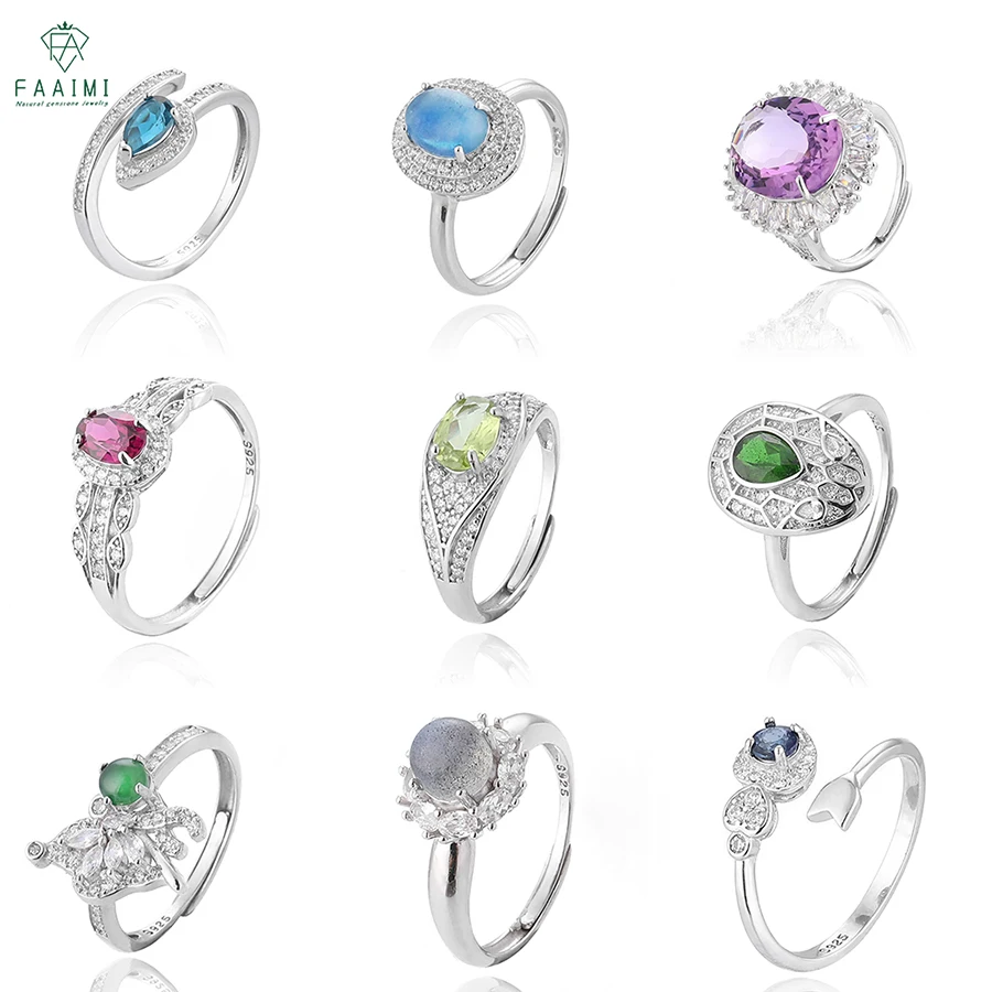 S925 Sterling Silver natural moonstone aquamarine garnet amethyst amber garnet agate stone Ring for Women men Adjustable ring