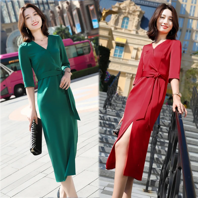 Elegant Women Dress Fashion Soft High Waist Plain Asymmetric Midi Dress OL Casual Half Sleeve Party vestidos Dress