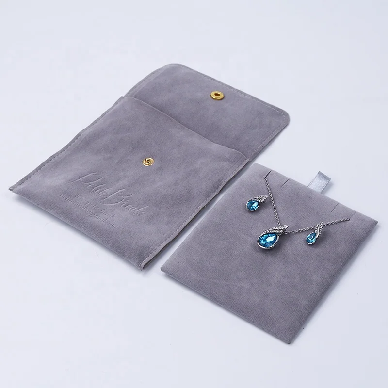 BV015M Custom Blind Stamped LOGO Gold Snap Closure Grey Double Sides Jewelry Pouch Velvet