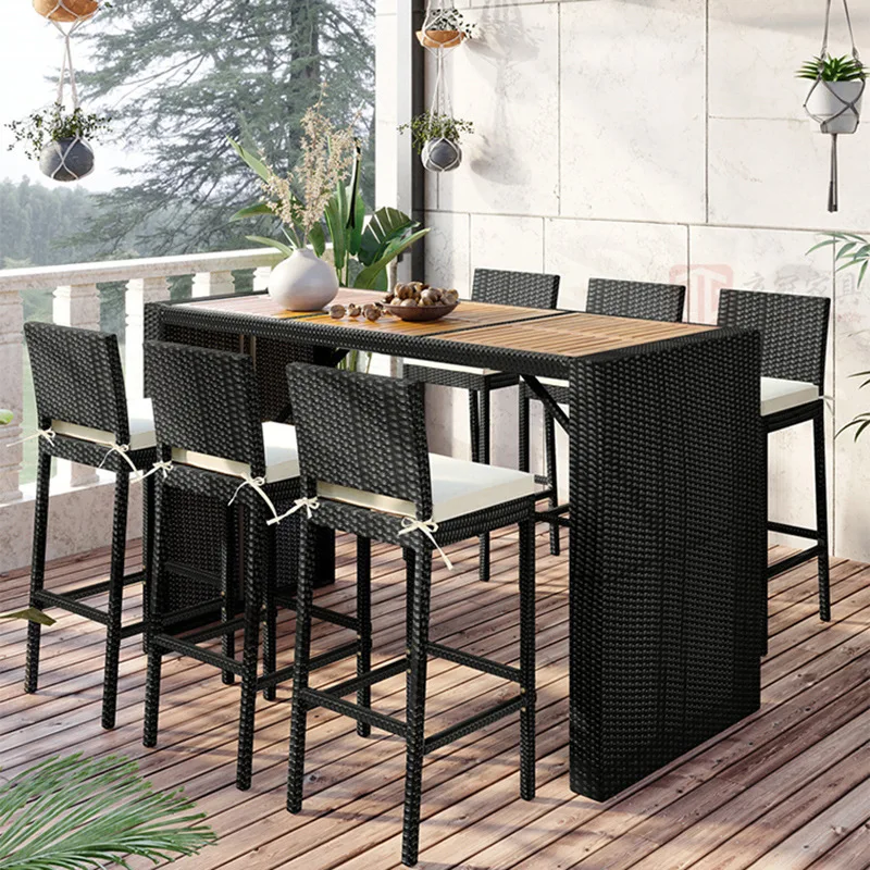Outdoor Bar Stool High Chair Creative Square Table Patio Club Plastic Wood Bar Rattan Back Chairs