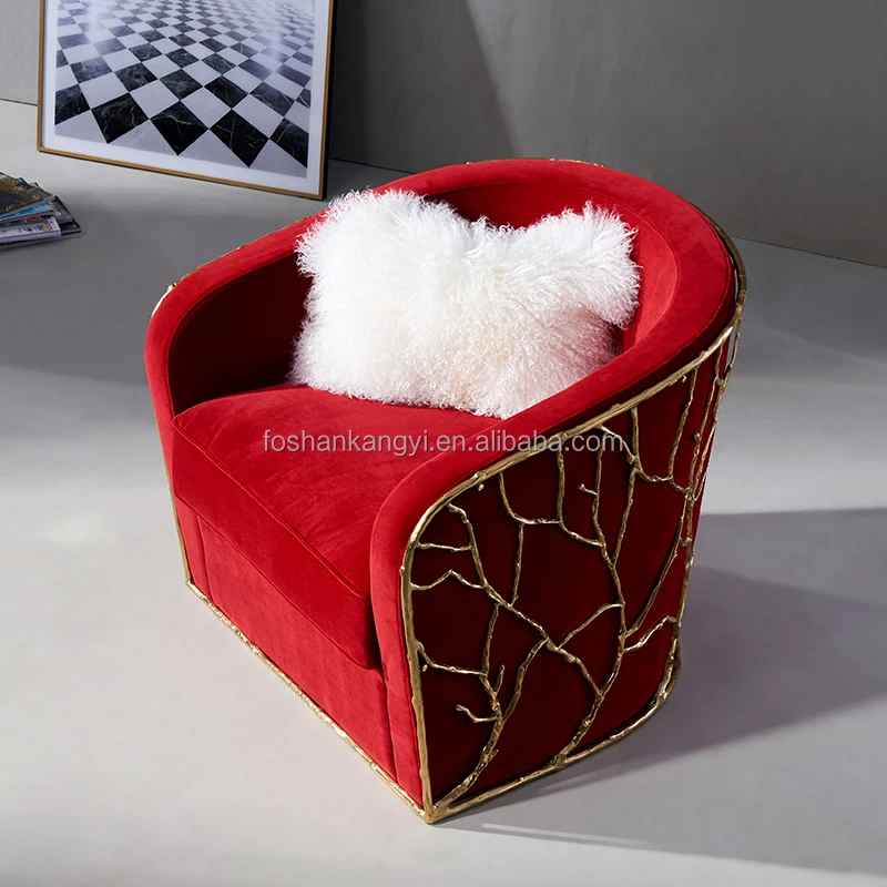 Kangyi Luxury design polished brass living room chairs & armchairs red velvet accent chair luxury leisure chair