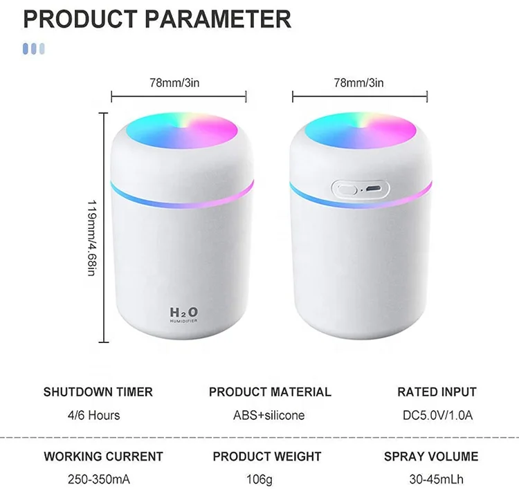 
300ml Hot Sale Ultrasonic Portable Led Colorful H2o Defuser Car Mini Usb Humidifier 