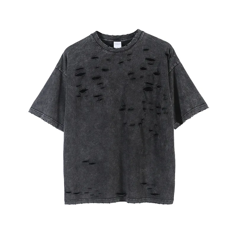 Custom Logo High Street 100% Cotton Oversize Street Wear Cutting Holes T Shirt Men Cut Sew t-shirt