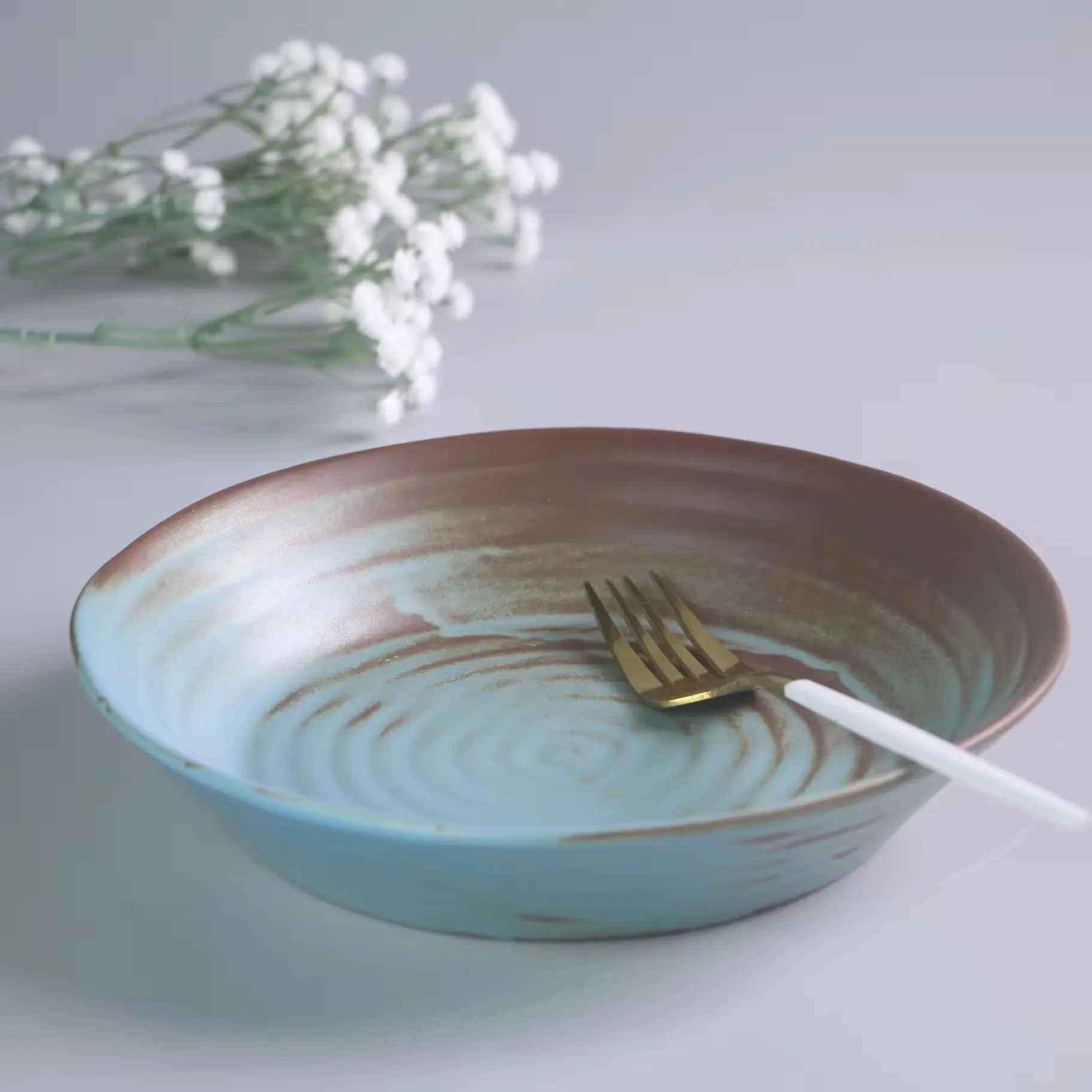 Nordic vintage design sky blue matte glazed stoneware porcelain hotel tableware luxury ceramic dishes and plates soup plate