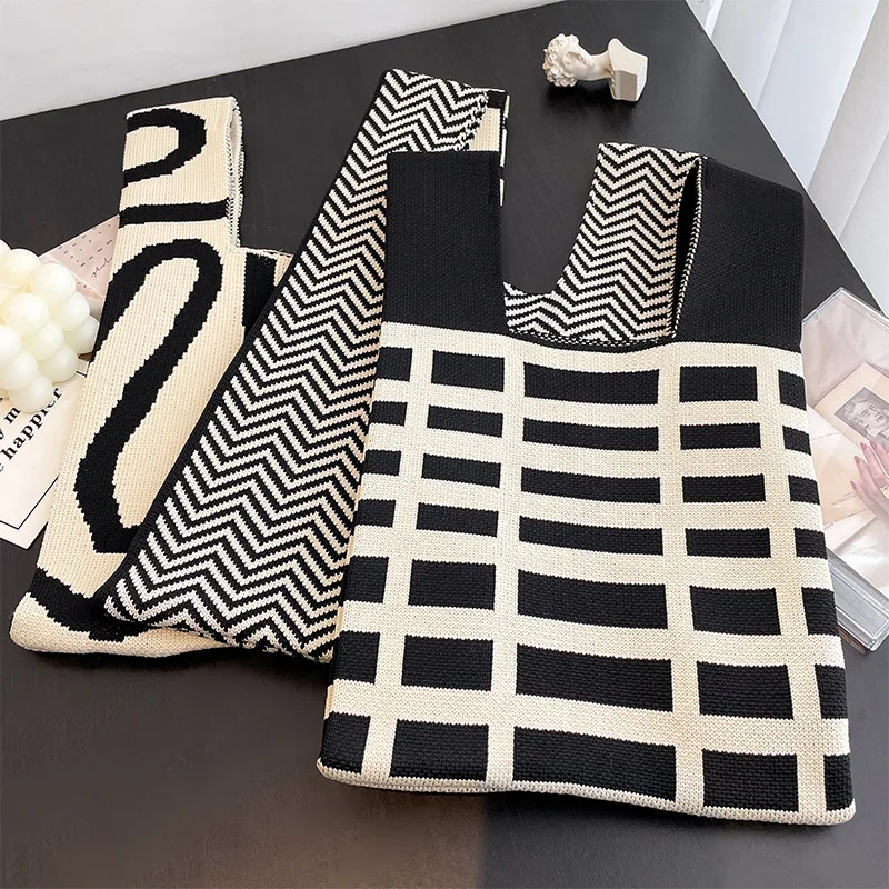 Striped Pattern Knitting Fabric Handbag Chequer Design Eco Small Shopping Bag Wool Crochet Tote Hand Bags For Women