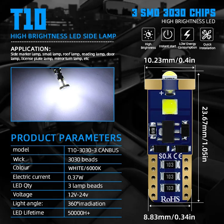 Canbus T10 W5W 921 Led Bulb 3030 LED Interior Number Plate Light T10 194 W5W Canbus 168 194 921
