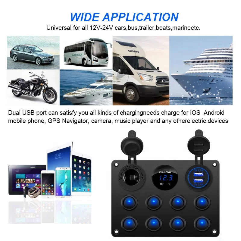 Водонепроницаемый 8 Gang кулисный переключатель Dual USB Автомобильное зарядное устройство цифровой вольтметр 12V Выход предварительно смонтированный панель с выключателями