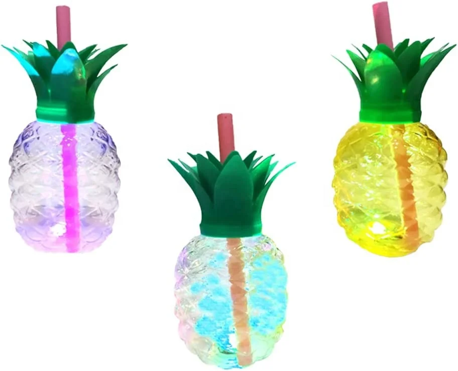 Wholesale Pineapple Shaped Plastic Drinking Cup LED Light Coconut Cups with Lids and Straw Glowing Strawberry Glass