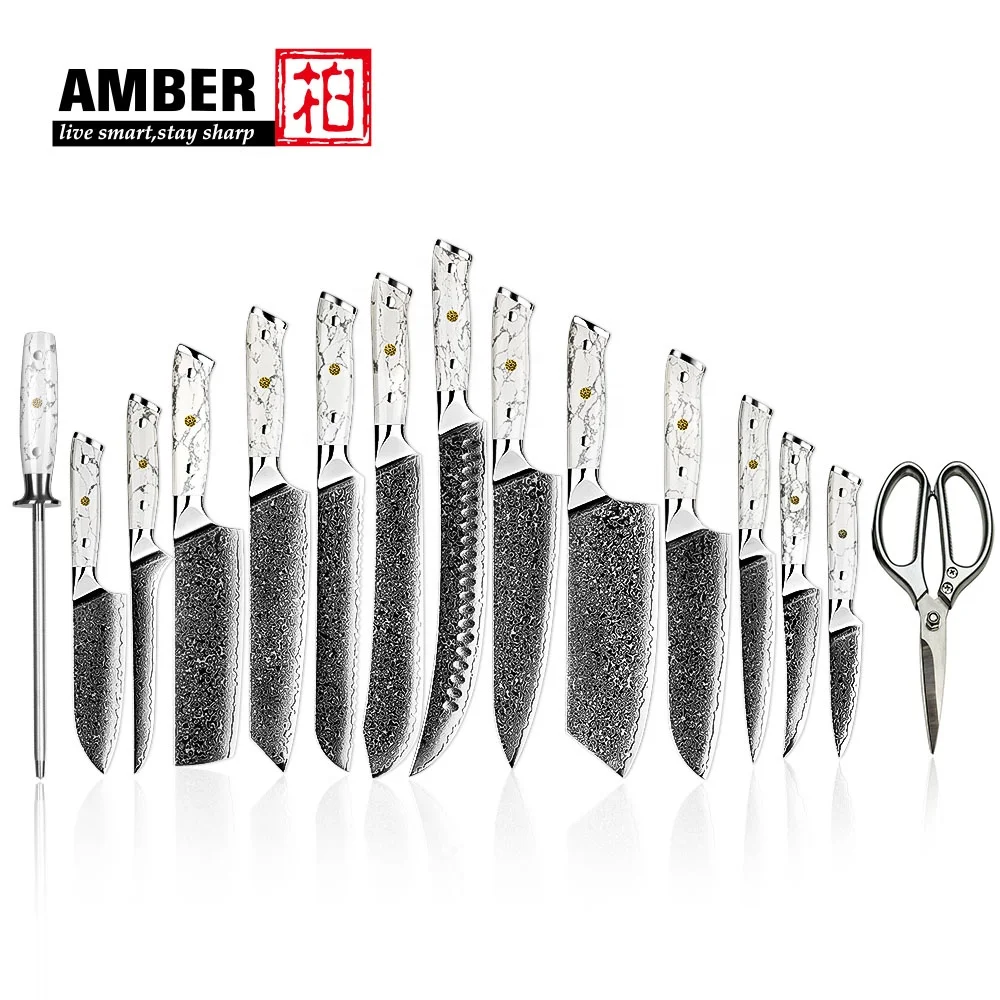 Amber Stone Handle 67layers VG10 damascus knife set chef knife set kitchen knife set with Sharpener