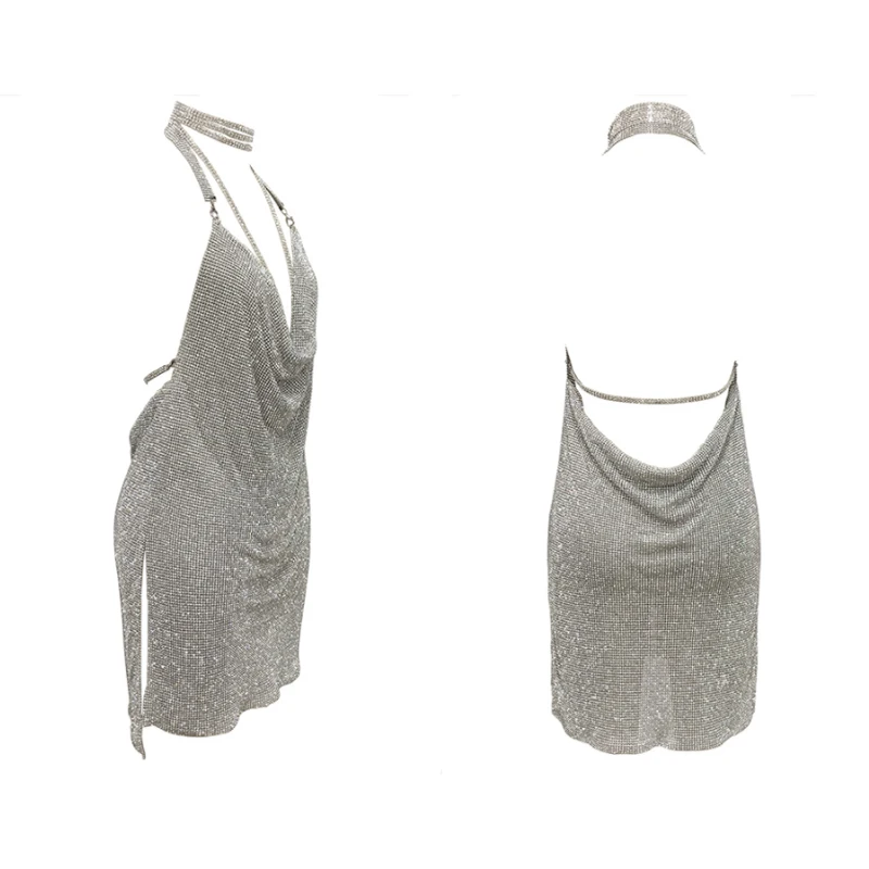 Backless Crystal Metal Mesh Dress / Chain Halter Rhinestone Slit Kendall Jenner 21st Birthday Party Dress