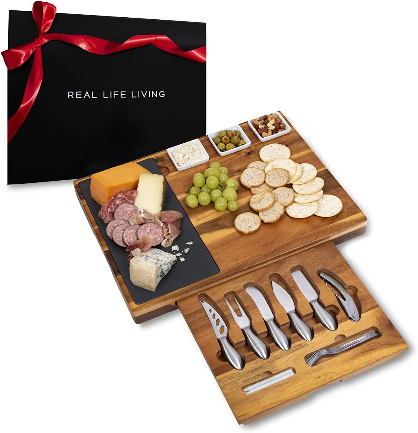 EU & US hot selings Large cheeses board Gift Set Acacia Wood Charcuterie Board with Stainless Steel Knives Slates and Bow