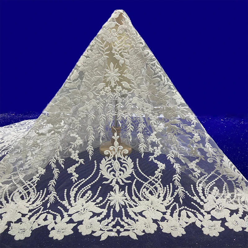 Honglong luxury Swiss lace white wedding gauze mesh glittering crystal sequins beaded ball evening dress fabric