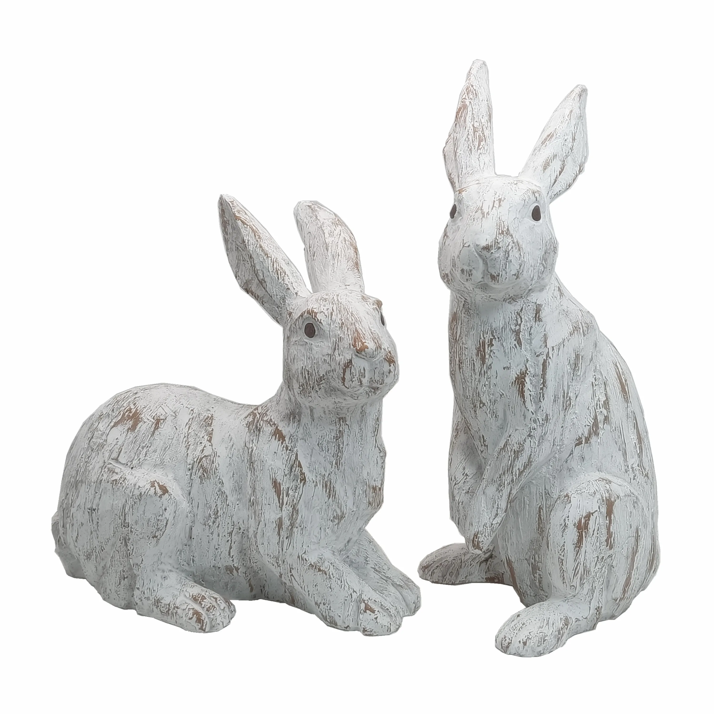 8 Inch Garden Decoration Resin Wood Carved Rabbit Statue Decoration Polyresin Bunny Sculpture Spring Decoration