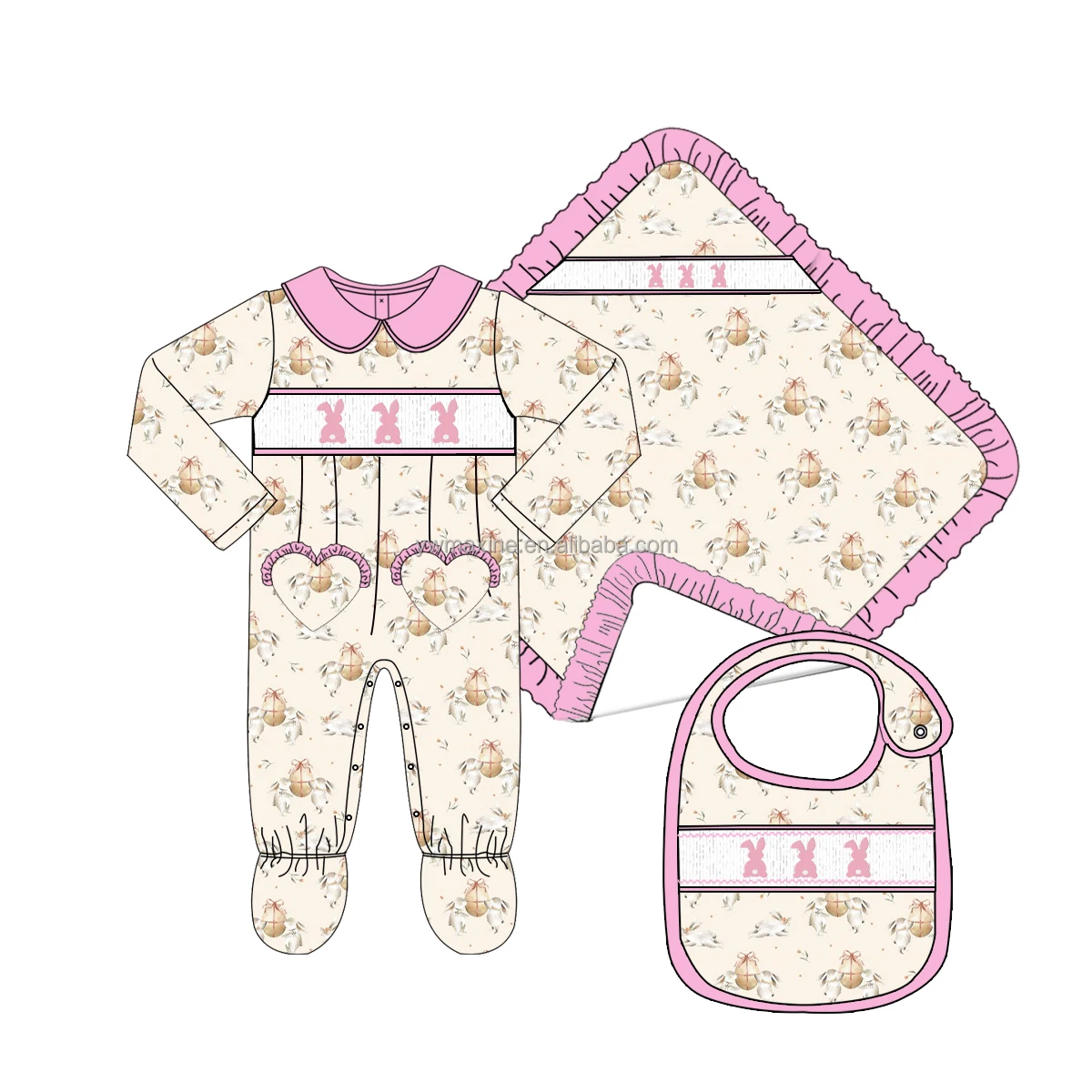 Easter Bunny Egg Designs Children Smocked Clothing OEM Kids Cotton Romper Pajamas with Baby Grow Blankets