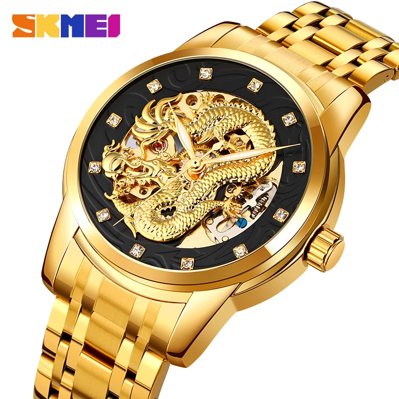 Skmei 9310 custom logo automatic watch mens luxury top brand stainless steel golden mechanical wristwatch