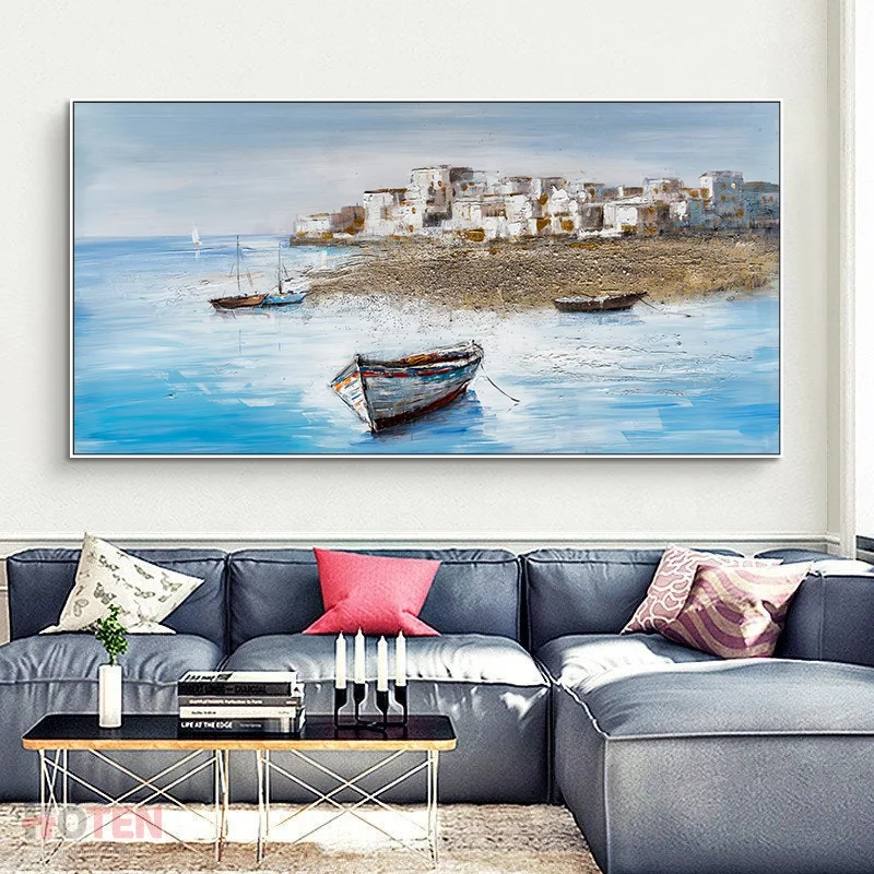 Modern Simple Original Plain Sailing Galleon Sea Hand-painted Texture Thick Oil Abstract Canvas For Hotel Projects