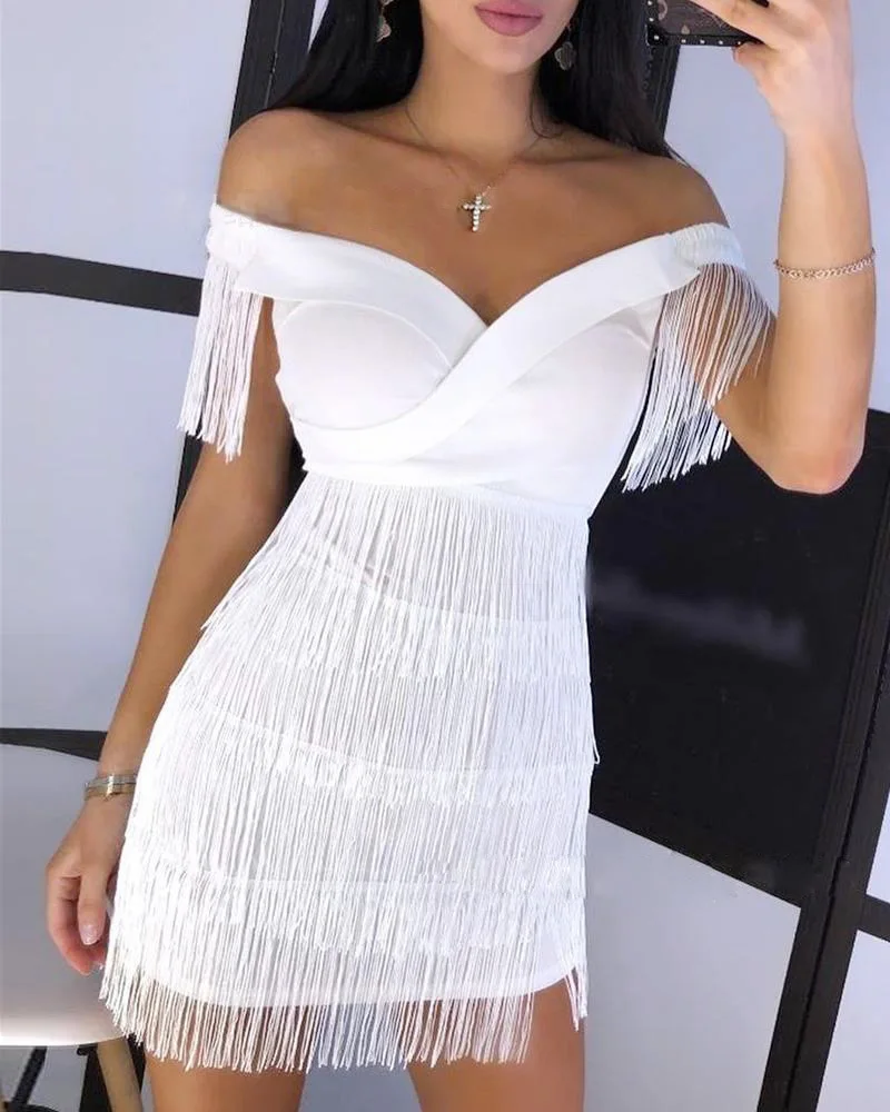 New Arrival Vestido Corto Women Prom Dress Elegant Party Wear Solid  One Shoulder Sleeveless Bodycon Dress Women Tassel Dress