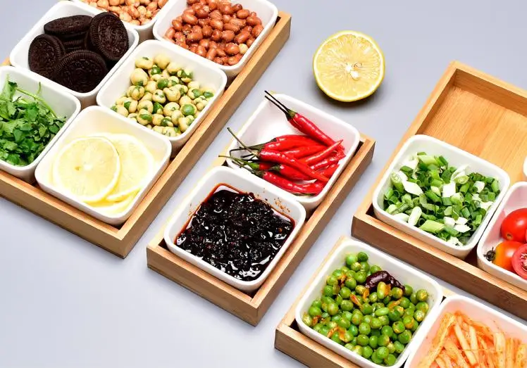 Removable Fruit Ceramic Compartment Bowls with Bamboo Serving Tray
