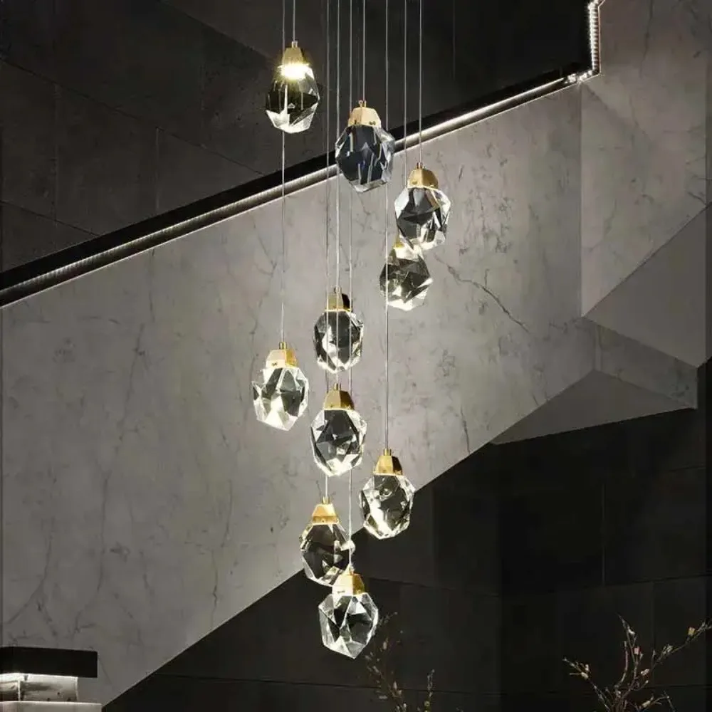 Long luxury spiral chandelier home hotel Gold Copper metal k9 crystal led stair lights High ceiling chandeliers pendant lights