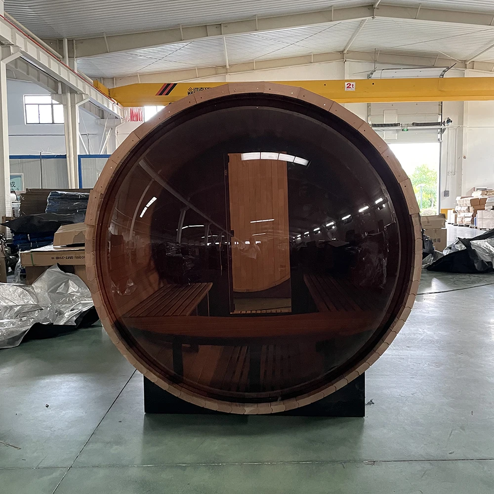 New Design Solid Wood Red Cedar Outdoor Barrel Sauna Room With Panoramic Window