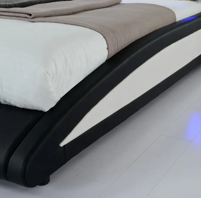 Willsoon Panel and Plywood Style Bedroom Furniture Curve Design LED Double Size Bed with PU Soft Leather Upholstery
