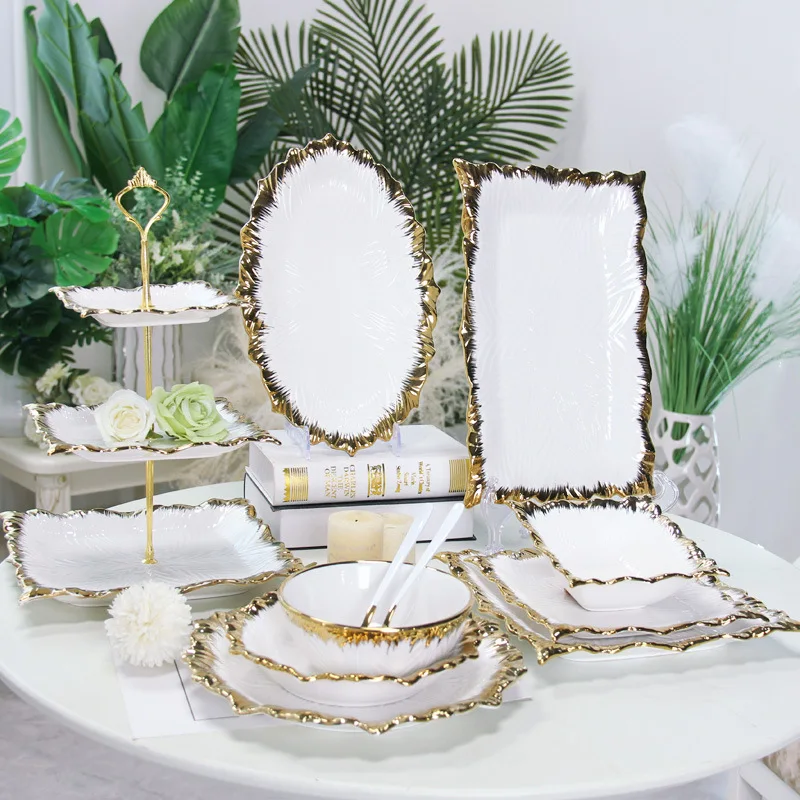 Light luxury hotels ceramic dishes dining plate high-end Western cuisine gold rimmed steak plates and bowls dinnerware wholesale