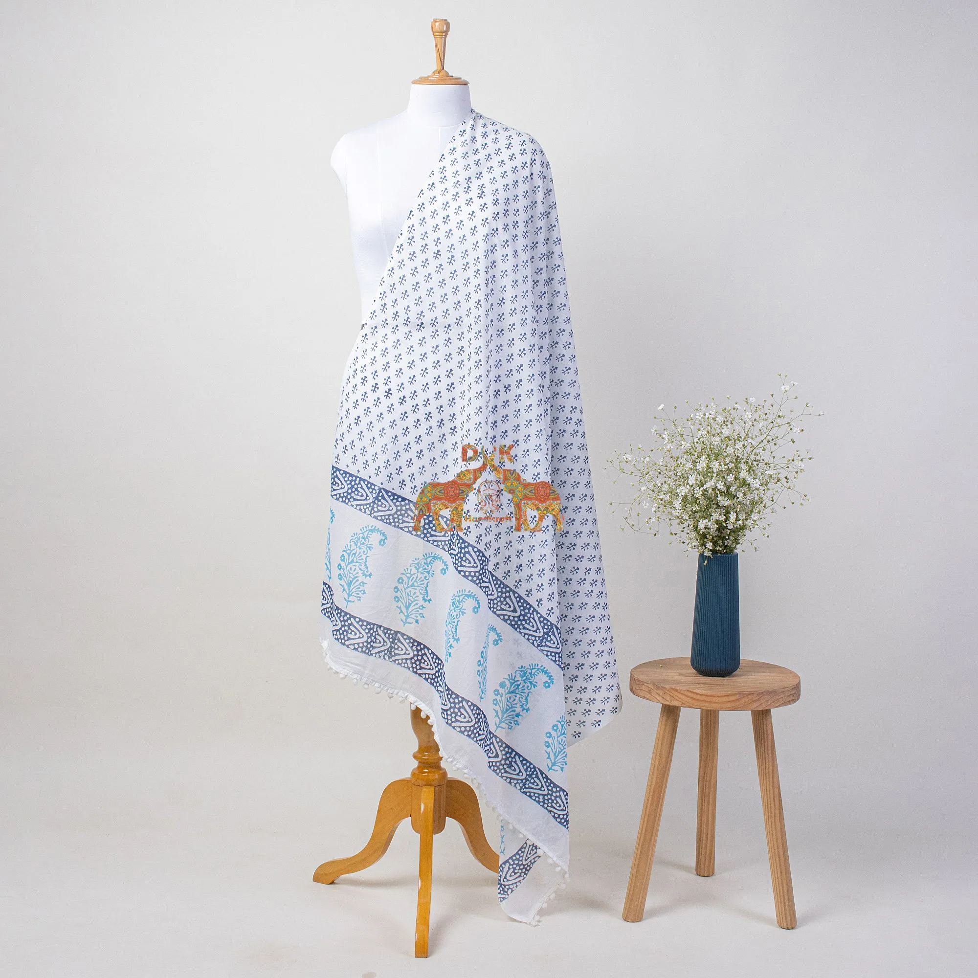 High Quality Custom Beach sarong coverup hand block print beach look white floral beautiful cotton sarong