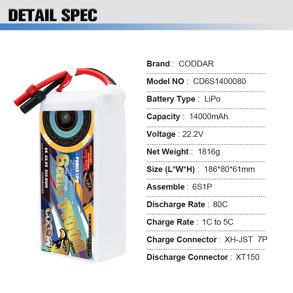 CODDAR 8S 14000MAH 29.6V 80C XT150 Plug RC LiPo Battery Large Scale Drone Racing FPV Helicopter Agriculture Quadcopter Drone