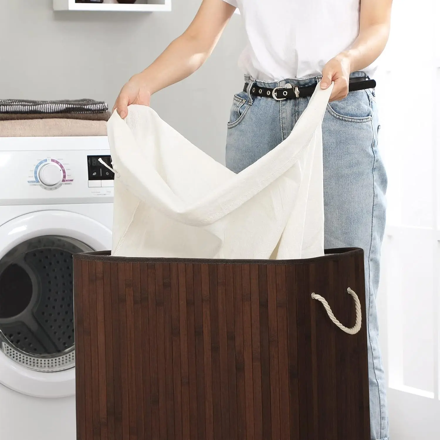 KUYUE Laundry Hamper, 2-Section Laundry Basket, Laundry Hamper with Lid, Bamboo, Foldable, Removable and Machine Washable Liner