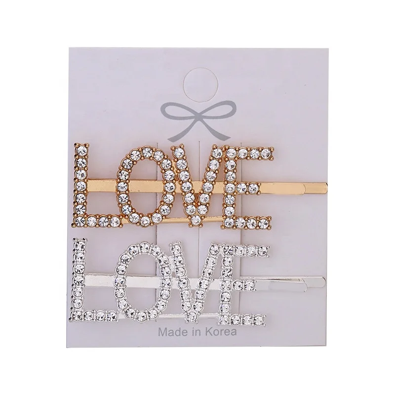 Metal letter clip, English letter rhinestone hairpin, custom diamond simple bangs clip hair accessories 2 sticks