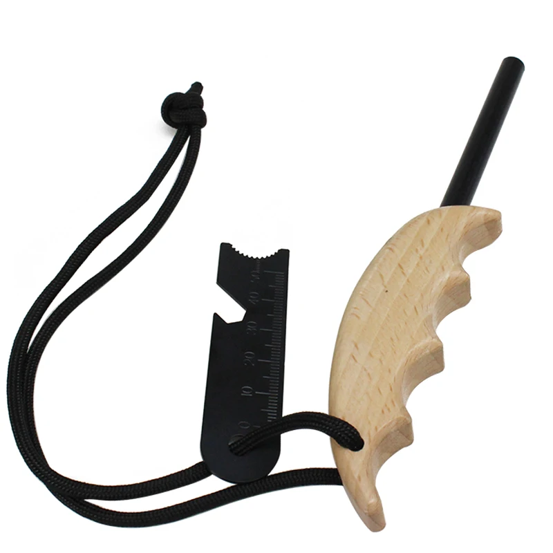 Bushcraft Gear Survival Firecord Finger Grip Wood Handle Ferrocerium Fire Starter Rod for Campfire