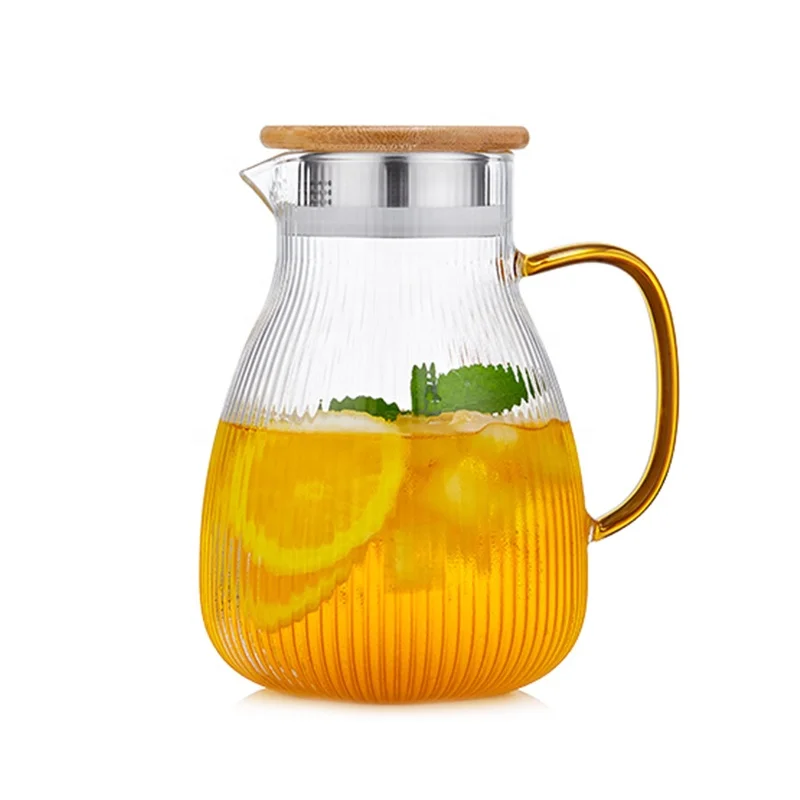Manufacture glass pitcher with golden handle glass water jug with bamboo lid OEM water glass pot