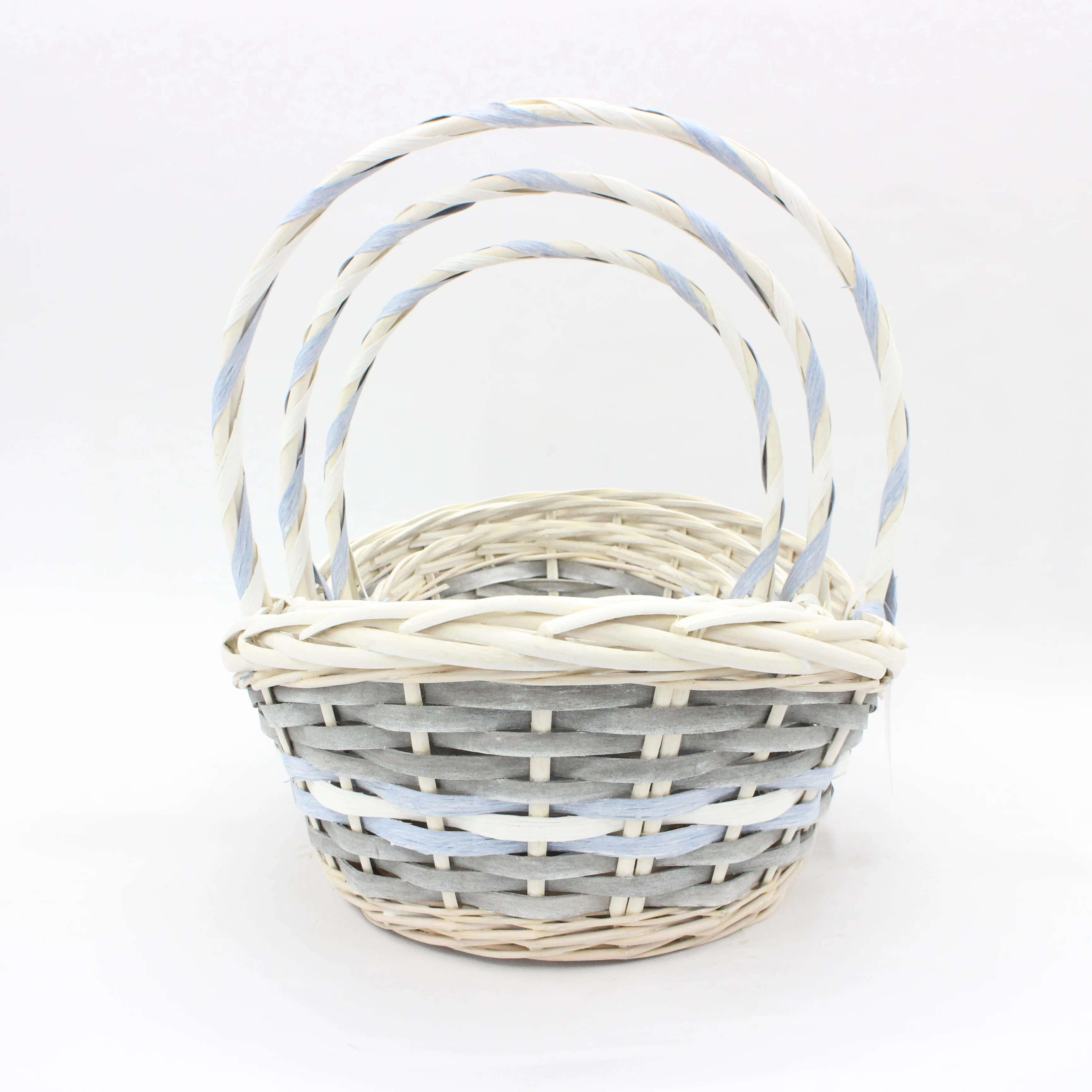 Boat shaped blue gray decorative strip wicker wood mixed woven flower basket storage basket