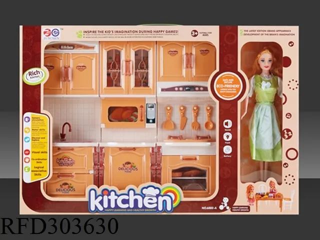 Electric Kids Cook Game Kitchen With Doll Cabinet Toy