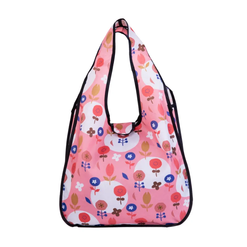 High quality portable waterproof 420D ripstop nylon foldable tote grocery polyester bag with snap reusable custom logo print
