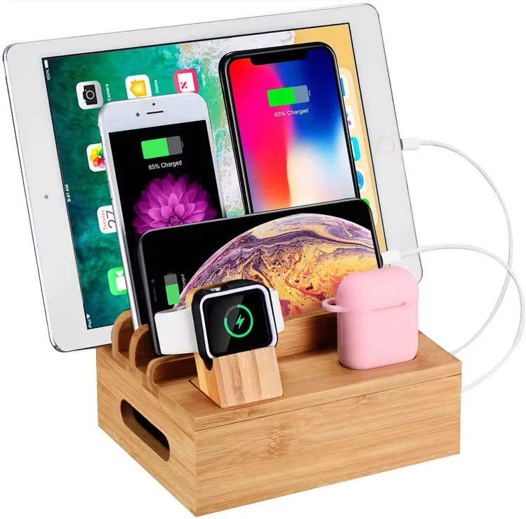 Multifunction bamboo wood phone docking station cell phone stand watch stand holder